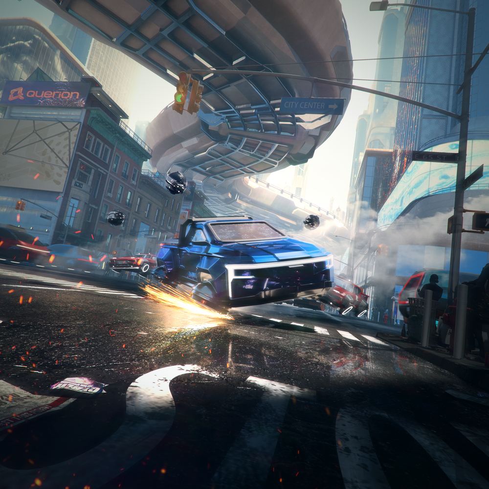 Futuristic car chase through a city street