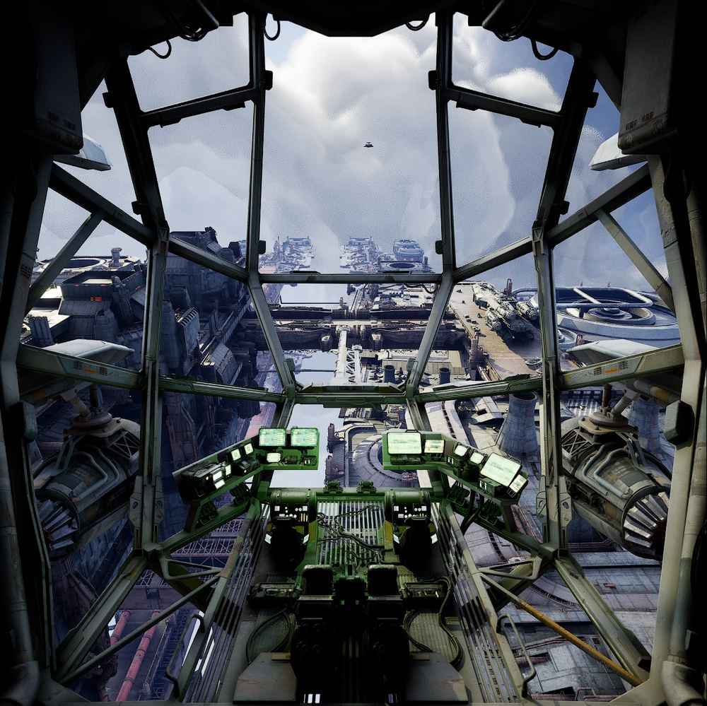 Cockpit view over a vast industrial sky dock
