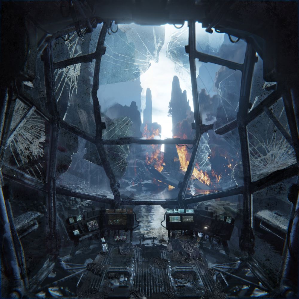 View from a crashed cockpit onto a burning canyon