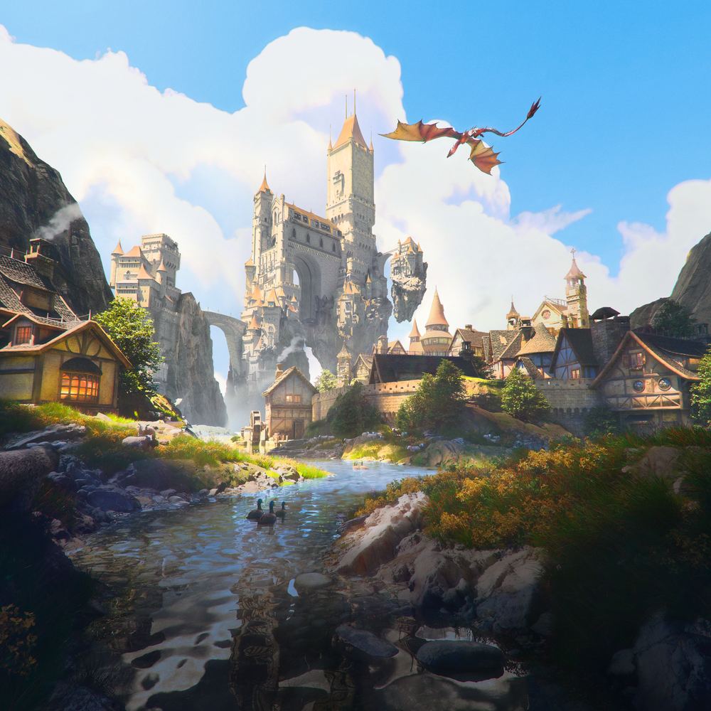 Fantasy castle town with a dragon overhead