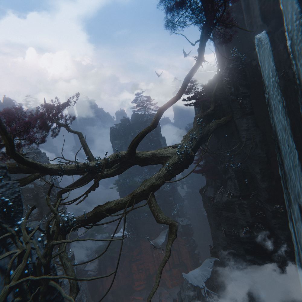 Ancient branches over a misty canyon