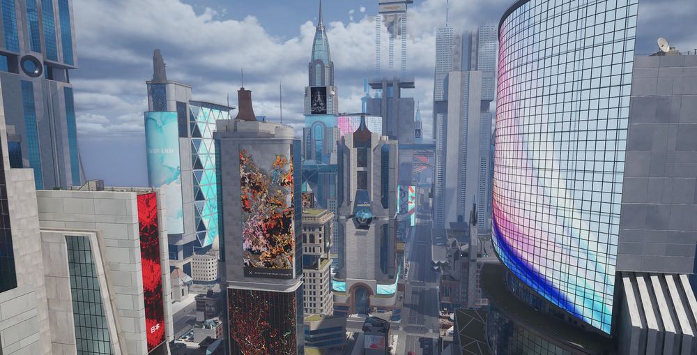 Aerial view of a futuristic city with giant screens