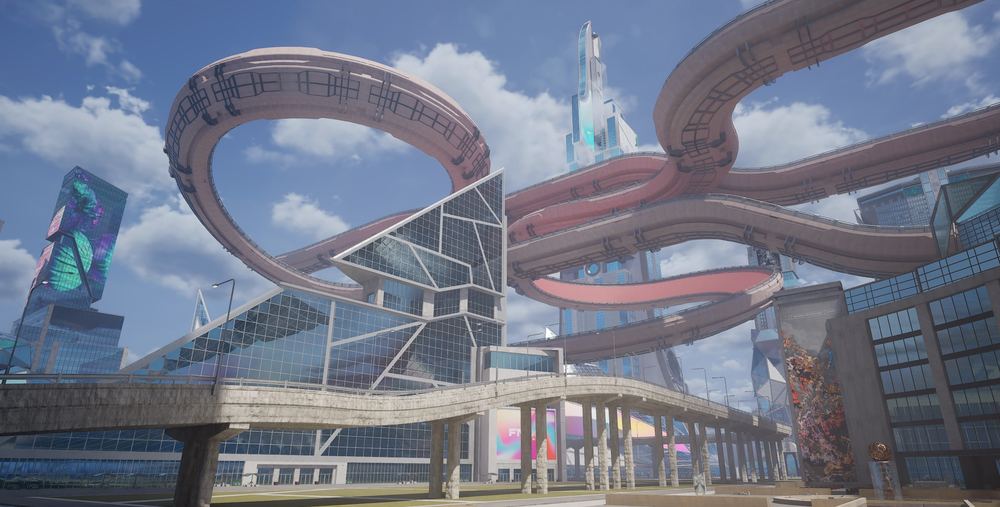 Elevated racing loops above a glass city