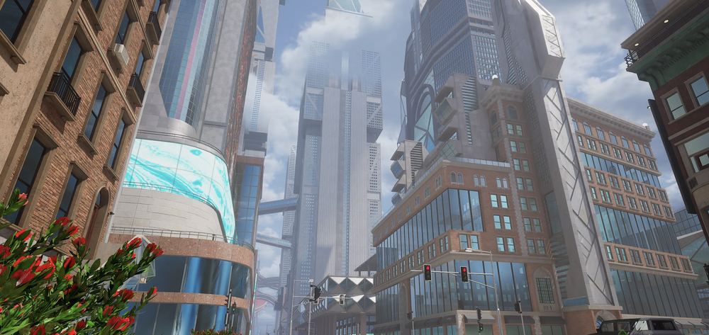 Street-level view of towering skyscrapers