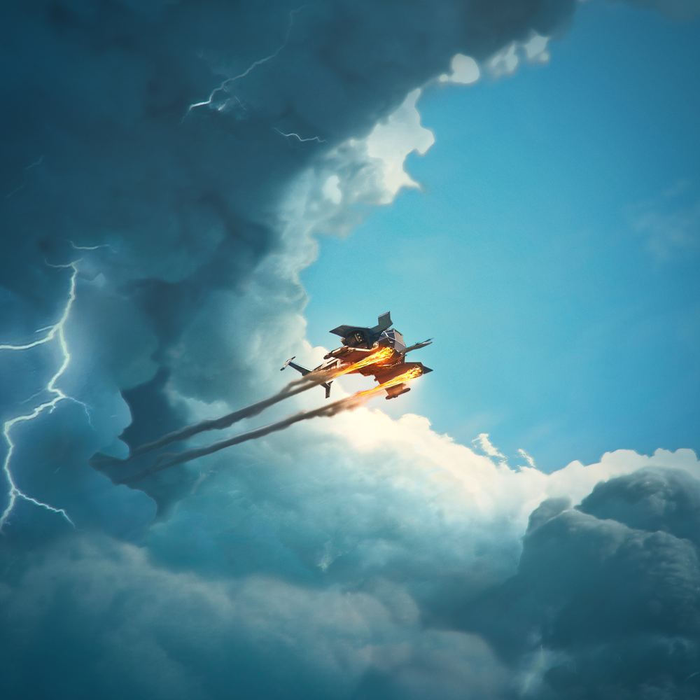 Gunship flying through a thunderstorm